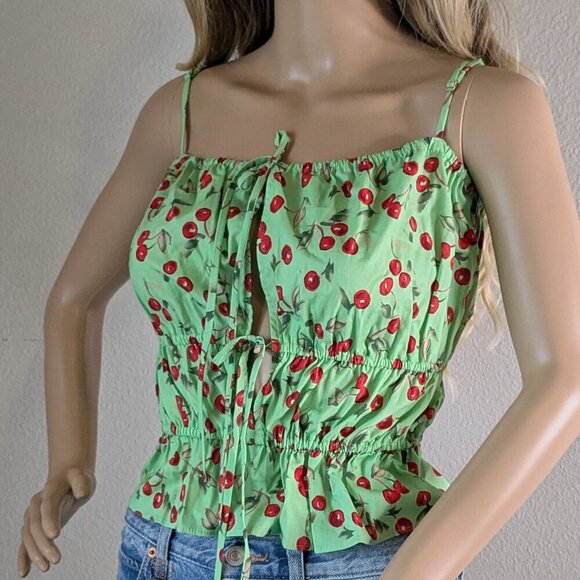 WAYF Top Size XL Green Red Paxton Camisole Stretch Cotton Cherry Print NWT Airy - Picture 2 of 16